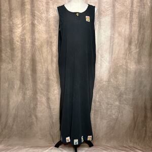 Vintage 90s Black Sleeveless Patchwork Garden Seed Packet Shift Dress Cottage